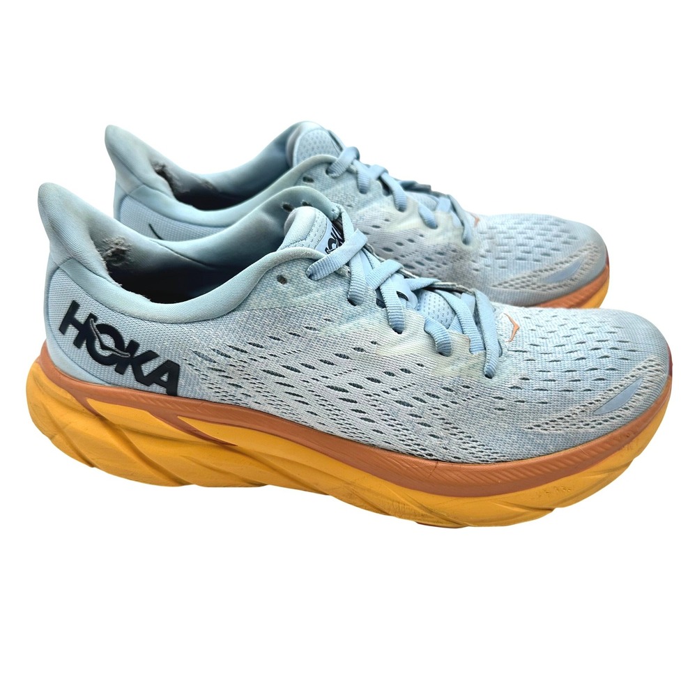 Hoka One One Clifton 8 Summer Song/Ice Flow Women Running Shoes Blue Orange 8.5